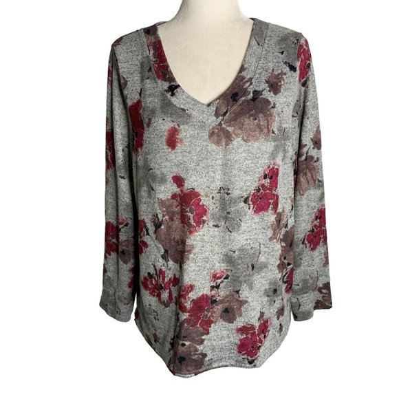 Ellen Tracy Long Sleeve Fleece Shirt L Grey Floral V Neck Pockets Pullover - Picture 1 of 6